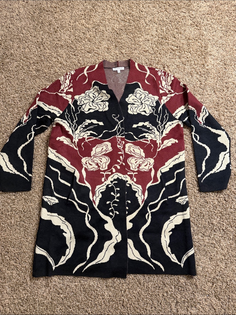 NorthStyle Long Floral Jacquard Cardigan - Burgundy, Black & Cream